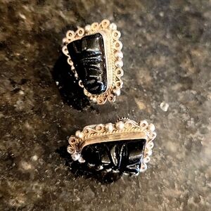 Mexico Silver And Black Onyx Earrings, Vintage Mask Design, Screw Back